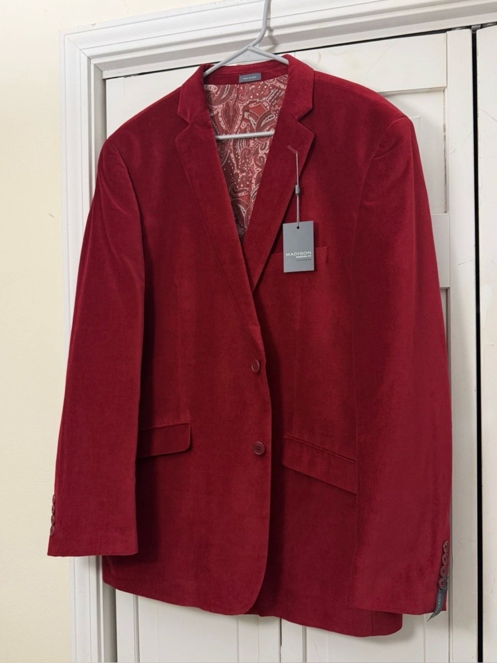 Madison Modern Fit Velour Blazer Sport Coat Men 44L Red Cotton Velvet Lined